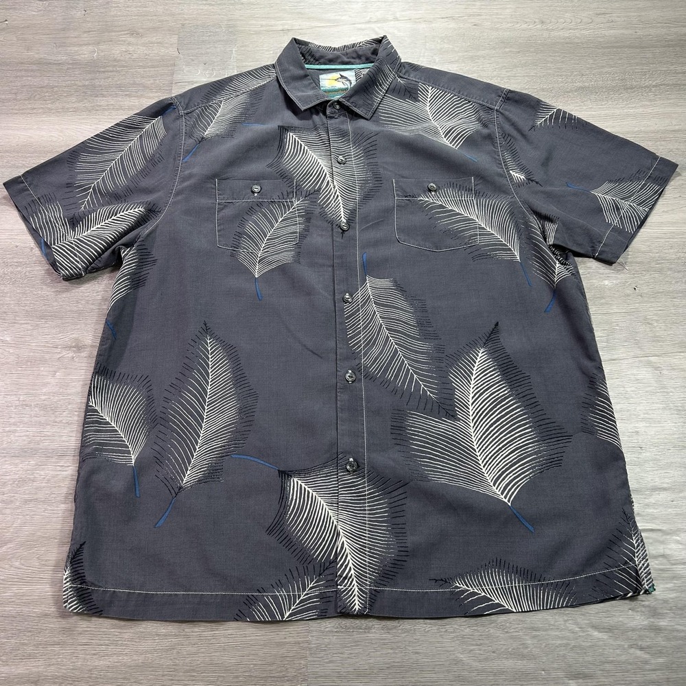 Tommy Bahama Shirt Mens Large Gray Island Modern Fit‎ Silk Leaf Print Hawaiian
